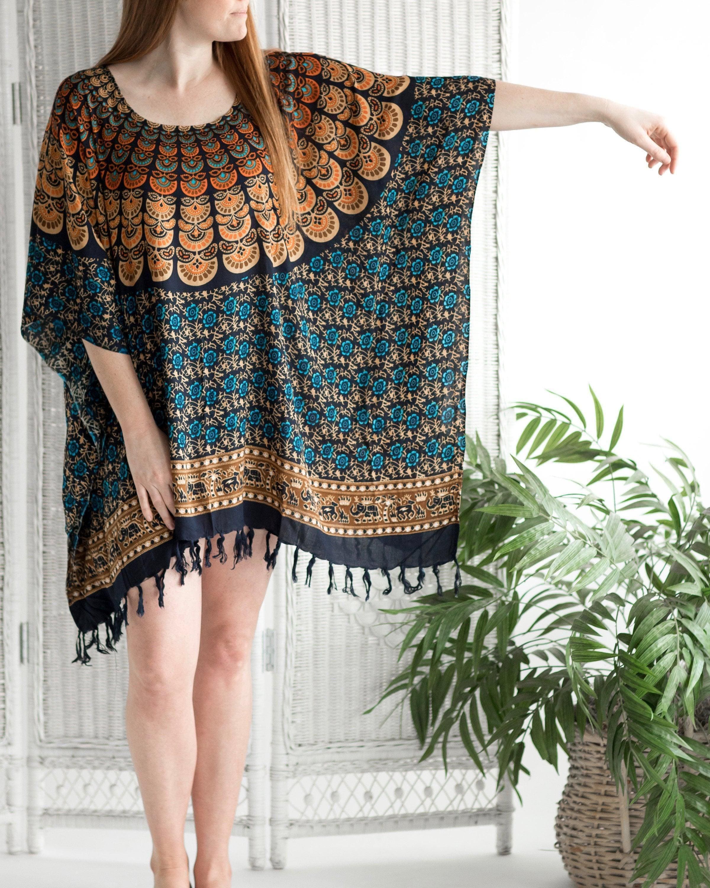 Guru-Shop, Poncho Hippie Ricamato, Tunica, Caftano, Abito da Spiaggia, Maxi Taglia, Kaki, Sintetico, Dimensione Indumenti