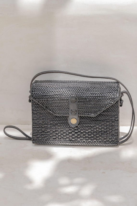 Kota Rattan Purse: Black Woven Clutch - Leather Strap, Handmade Bali