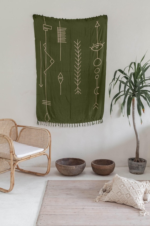 Bohemian Rayon Sarong, Olive Abstract Tapestry (66x42 inches)