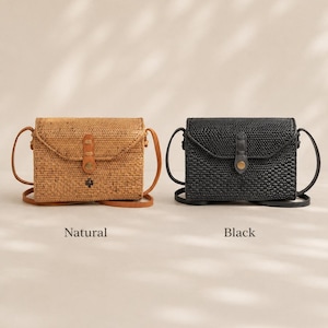 two handbags, one natural and one black, placed side by side against a light background.