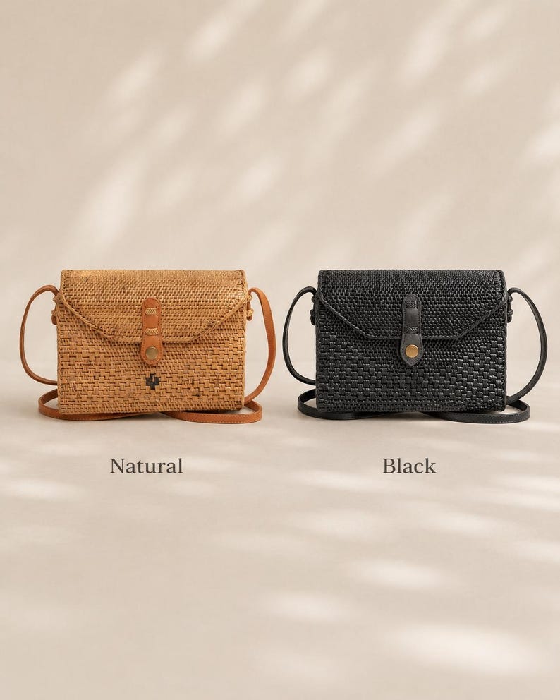 two handbags, one natural and one black, placed side by side against a light background.