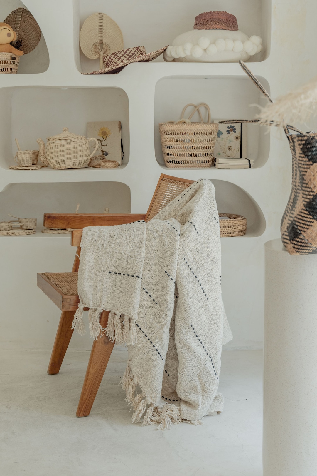 Hand Loomed Blanket Natural With Lines Motif Etsy