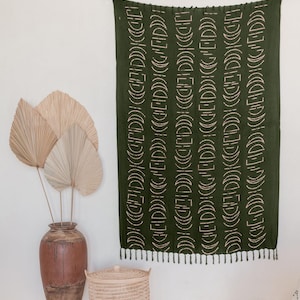 Boho Moon Phase, Olive Rayon Tapestry-Scarf, Hand-Dyed Tassel Edge | 66 X 42, Lightweight Summer Wrap Sarong