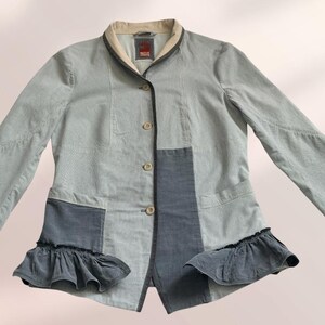 Marithé François Girbaud gestreifte Patchworkjacke mit Rüschen, Größe S, Stretch-Baumwolle, avantgardistischer Designerstil