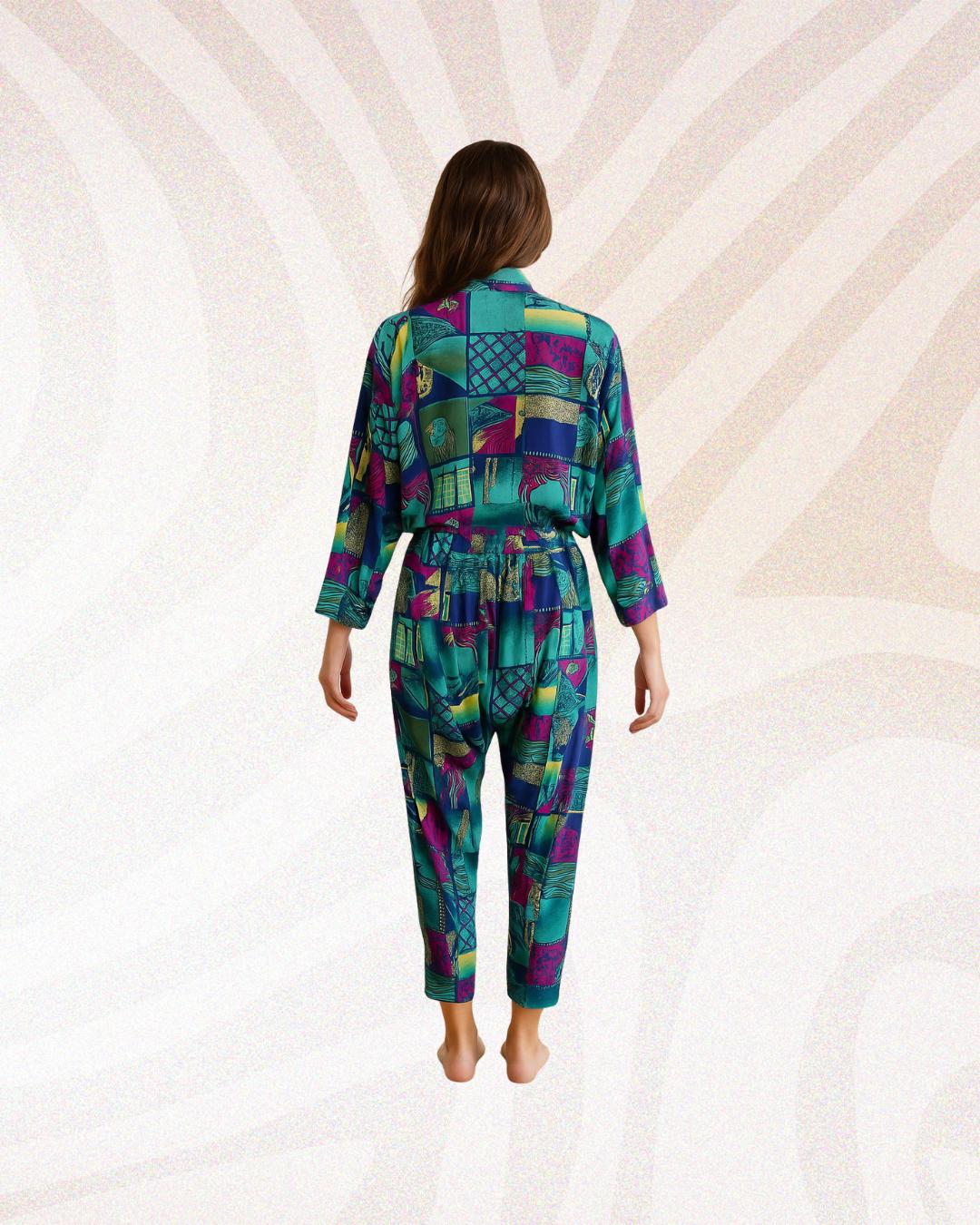 Sarouel Vintage Girbaud Rayé Rouge Violet Bleu - Taille 34 Femme En Coton Occasion Très Bon état