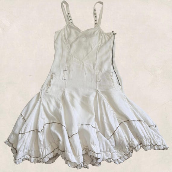 Robe boule Marithé François Girbaud MFG blanche volants froufrou surpiqûres marron T 36/38