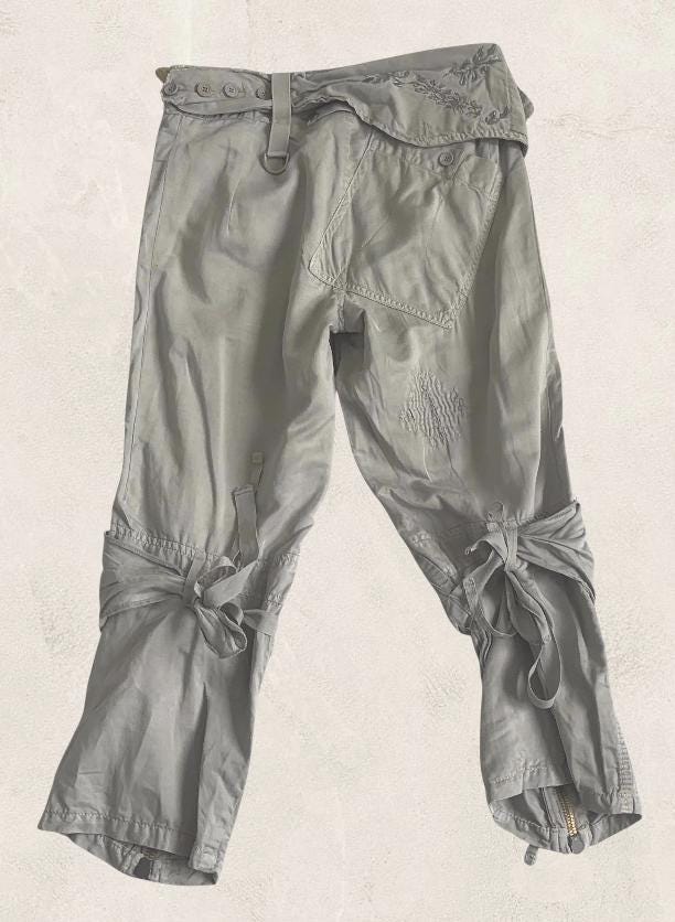 Pantalon Vintage Femme Girbaud « Esquisse Grise » – Taille FR 38 – Ceinture Asymétrique & Pompon – Coton/chanvre – France