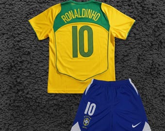 Brazil 2002 Kids Jersey Ronaldinho #10 – Yellow Blue Classic Football Kit Youth Set