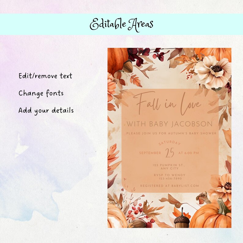 Puede incluir: Una invitaci&oacute;n con tem&aacute;tica oto&ntilde;al, con calabazas, flores y hojas en tonos naranja, marr&oacute;n y crema. El texto dice "Fall in Love" e invita a un baby shower el 25 de septiembre.
