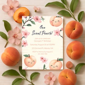 One Sweet Pfirsich 1. Geburtstagseinladungsvorlage | Pfirsich Erster Geburtstag Canva Bearbeitbar Einladen | Druckbares Pfirsich Party einladen