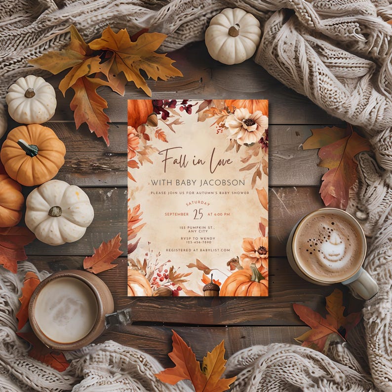 Puede incluir: Una invitaci&oacute;n a un baby shower con tem&aacute;tica oto&ntilde;al con el texto "Fall in Love with Baby Jacobson". La invitaci&oacute;n est&aacute; rodeada de calabazas, hojas de oto&ntilde;o y dos tazas de caf&eacute;. La invitaci&oacute;n est&aacute; decorada con ilustraciones florales y de calabazas.
