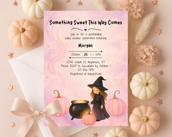 Something Sweet This Way Comes Baby Shower Invitation | Witch Baby Shower Canva Template | Halloween Baby Shower Invite