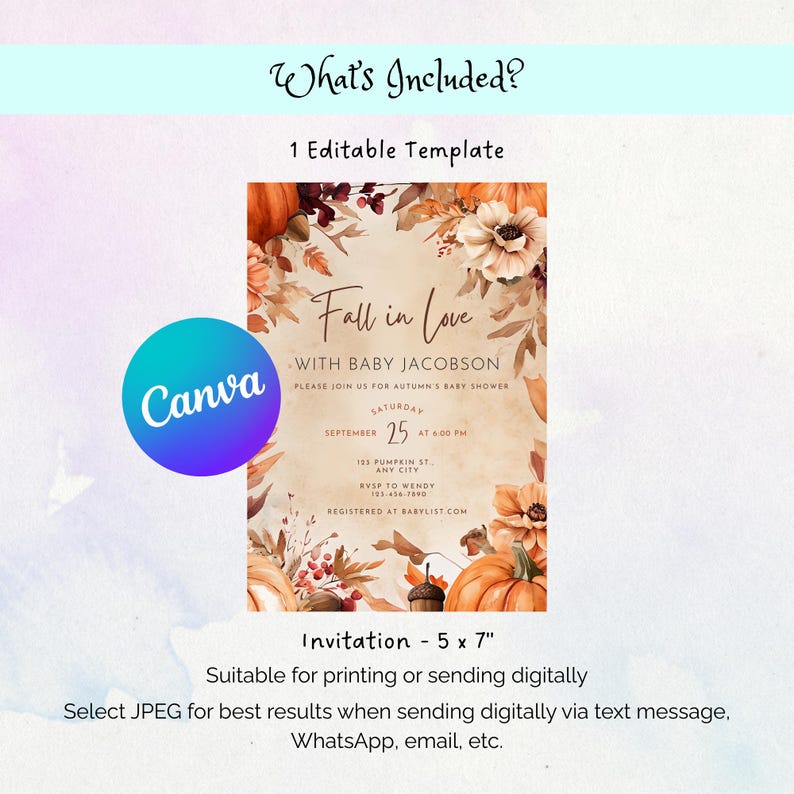 Puede incluir: Una plantilla de invitaci&oacute;n con tem&aacute;tica oto&ntilde;al con calabazas, flores y hojas en tonos naranja, marr&oacute;n y crema. El texto dice "Fall in Love" e incluye detalles de la fiesta de bienvenida. La invitaci&oacute;n mide 12,7 x 17,8 cm.