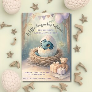 Invitación "Ha nacido un pequeño dragón" / Plantilla editable de Canva para primer cumpleaños / Fiesta de bebé dragón / Descarga instantánea / Invitación DIY