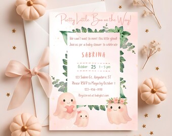 Mall för babyshowerinbjudan till Pretty Little Boo | Inbjudan till babyshower med rosa spöke | Redigerbar digital nedladdning av Canvas