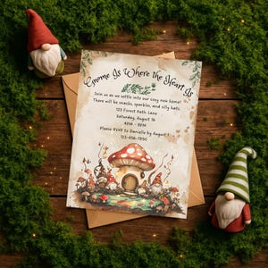 Plantilla de invitación para fiesta de inauguración de casa de gnomos / Invitación de Canva para una nueva casa caprichosa / Imprimible con temática de bosque editable y linda