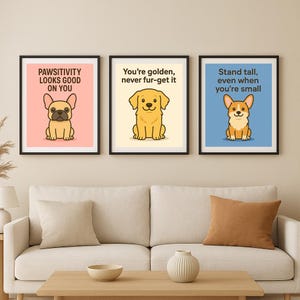 Set di 3 stampe da parete con cani – Poster stampabili con cani in colori pastello e citazioni motivazionali – Decorazioni kawaii carine per gli amanti dei cani, per camera da letto o ufficio