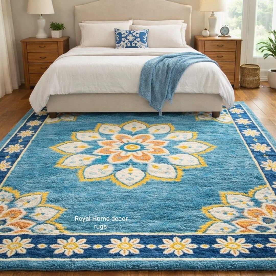 Modern Sky Blue Flower Design Hand Tufted Area Rug Stylish Blue Border ...