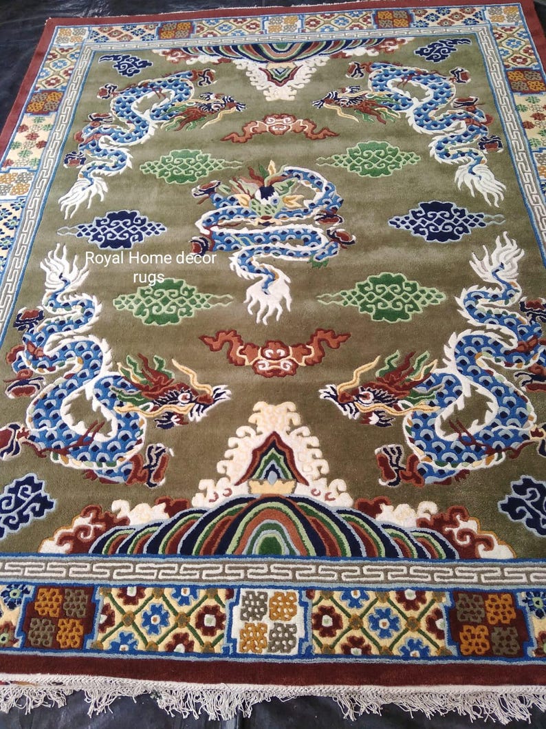 Dragon Small Rug Hand Tufted Tibetan Dragon Rug – Oriental Carpet Green Background ...