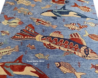 Alfombras de diseño de habitación de lujo Alfombra de pez tiburón tuftada a mano Motivo de vida marina Alfombra tuftada hecha a mano Alfombra de diseño inspirada en el océano para decoración del hogar de cualquier tamaño