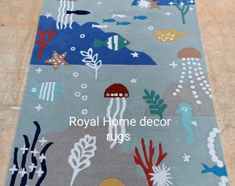 Dywany z motywem ryb oceanicznych, ręcznie tkane, inspirowane oceanem, dywany do sypialni, do salonu i biura, 5x8, 8x10, 9x12 Wszystkie dywany o niestandardowych wymiarach.