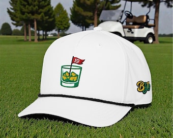 19th Hole Golf Hat – Embroidered Whiskey Glass & Flag, White Rope Cap
