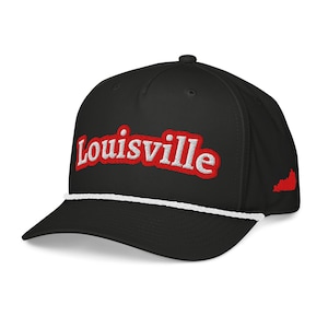 May include: Black baseball cap with the word "Louisville" embroidered in red with a white outline. A white rope detail runs across the front, and a red outline of Kentucky is on the side.