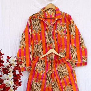 Indian Cotton Tiger Print Pajama Set, Women's Resort Loungewear