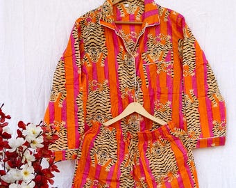 Pijama de algodón indio con estampado de tigre para mujer, ropa de descanso para resort