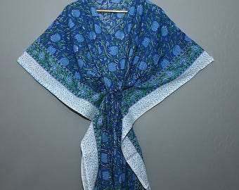 Handmade Indian Block Print Cotton Kaftan Dress – Lightweight Summer Beach Cover-Up