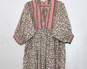 Hand Block Print Dress Women Partywear Dress Midi Dress Long Dress Soft Cotton Dress Gauze Maxi Dress Boho Floral puff  Sleeve Summer Dress