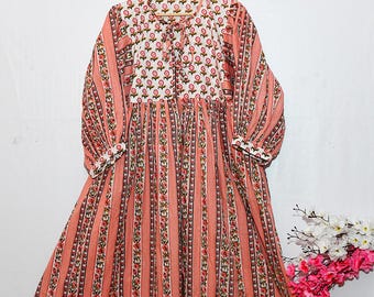 Hand Block Print Cotton Gauze Maxi Dress: Boho Floral Puff Sleeve Summer Style