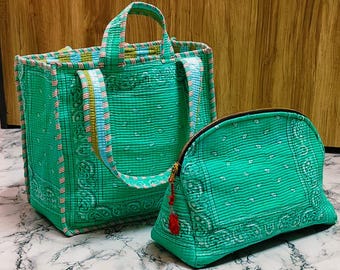 Green Bandana Print Quilted Cotton Tote Bag, Lightweight Travel Carryall