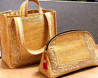 Quilted Cotton Tote Bag: Beige Bandana Print, Lightweight Shoulder Bag, Matching Pouch