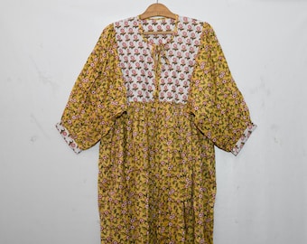 Handgefertigtes Langes Kleid Brautjungfer Baumwollkleid Sommer Urlaubskleid Block Print Langes Kleid Gaze Maxikleid Puffärmel Partywear Kleid