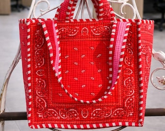 Red Bandana Print Quilted Tote Bag Set, Handmade Cotton Shoulder Bag with Pouch