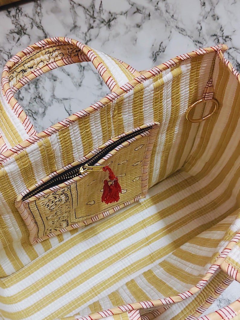 May include: Open view of a striped tote bag with a zippered pocket. The bag features yellow and white vertical stripes, a black zipper, and a red tassel. The bag's trim is a light peach color with red accents. A gold ring is attached to the bag.