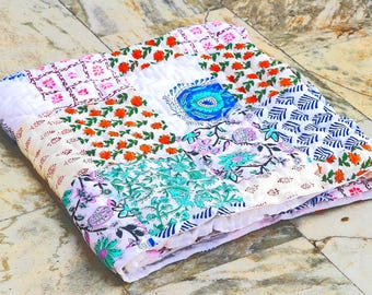 Hand Block Print Cotton Quilt: Reversible Floral Jaipuri Patchwork Razai Blanket