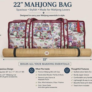 May include: A rectangular 22-inch by 11-inch by 6-inch quilted mahjong bag featuring a colorful pagoda and floral print with dark red trim, carry handles, and a red tassel zipper pull, accompanied by a rolled mahjong mat in a brown case.