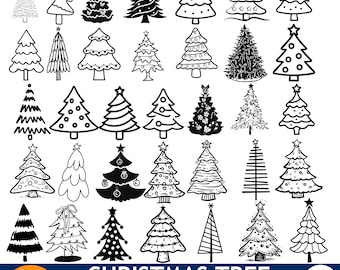 Könnte beinhalten: Eine Sammlung von 35 schwarz-weißen Weihnachtsbaum-Designs. Die Bäume variieren im Stil, von einfachen Umrissen bis hin zu detaillierten Illustrationen, jeweils mit einem Stern. Der Text "CHRISTMAS TREE SVG PNG DXF EPS BUNDLE" ist enthalten.