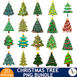 May include: A selection of 20 Christmas tree designs, each with unique decorations, including baubles, lights, and star toppers. The image features the text "CHRISTMAS TREE PNG BUNDLE".