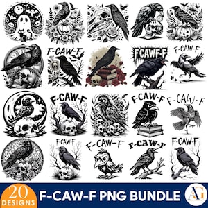 Puede incluir: Colección de 20 diseños en blanco y negro con temática de cuervos. Cada diseño presenta un cuervo con elementos como calaveras, calabazas y detalles florales. Incluye el texto "F-CAW-F PNG BUNDLE".