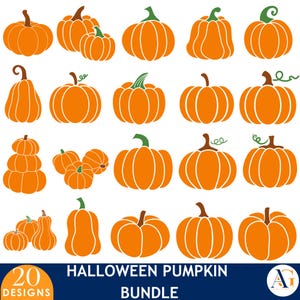 May include: A collection of 20 orange pumpkin designs in various shapes and sizes. The pumpkins have green or brown stems and are arranged on a white background. The text "HALLOWEEN PUMPKIN BUNDLE" is displayed on a dark blue banner.