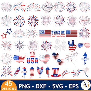 May include: A collection of 45 patriotic designs in red, white, and blue, including fireworks, stars, flags, and the word "America." The designs are available in PNG, DXF, SVG, and EPS formats. The designs are perfect for 4th of July.