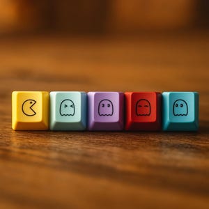 May include: Five brightly coloured keyboard keys in a row. The keys are yellow, light blue, purple, red, and teal. Each key has a black graphic of a Pac-Man character or ghost. The keys are arranged on a wooden surface.