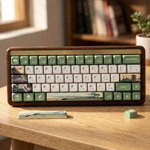 May include: A mechanical keyboard with a dark wood frame and a gold-tone top bar. The keys feature a mix of solid sage green and white caps, with some keys displaying landscape illustrations. A separate spacebar and a single keycap sit in front.