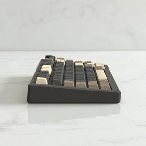 May include: A side view of a black mechanical keyboard with a variety of keycap colors, including beige, gray, and brown. The keyboard sits on a white surface, reflecting its form.