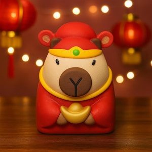 May include: A red and beige figurine of a bear-like character wearing a red hat and robe with gold accents. The figurine is holding a gold ingot. The background includes red lanterns and bokeh lights.