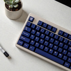 May include: A mechanical keyboard with a cream-coloured frame and dark blue keycaps. The keys are labelled with white letters and symbols. A small succulent plant in a white pot is in the background.