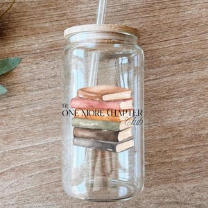 Iced Coffee Cup for Book Lovers: 16 oz Glass with Bamboo Lid and Straw, Book Club Gift, Late Night Readers, One More Chapter, Beer Glass Can